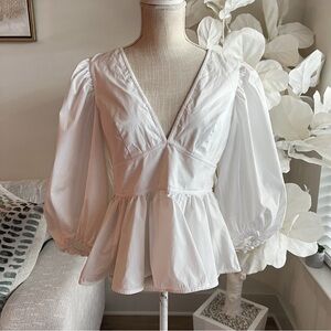 Staud White Poplin Puff Sleeve Peplum Waist V Neck Top
